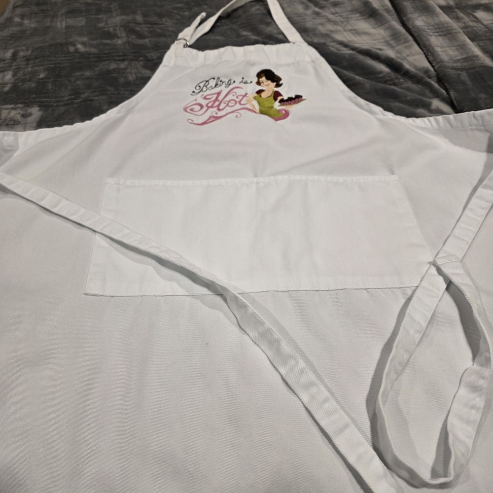 Apron Full White Handmade Embroidery  "Baking Is Hot" Women's Kitchen‎ Accessory